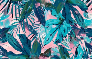 A background featuring pink and blue colors with tropical leaves spread across the scene