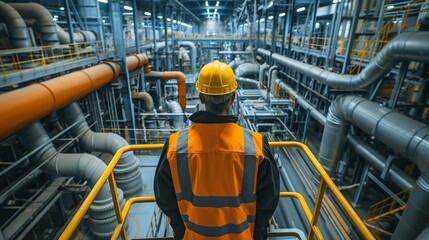 An industrial worker in safety gear surveys a complex network of pipes and machinery in a large facility.