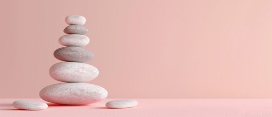 Ultrawide Background In Subtle Pink Color Theme With Zen Garden Pebble Stone Tower 