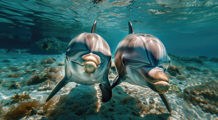Two cute dolphins smiling at the camera underwater, close up with an ocean background