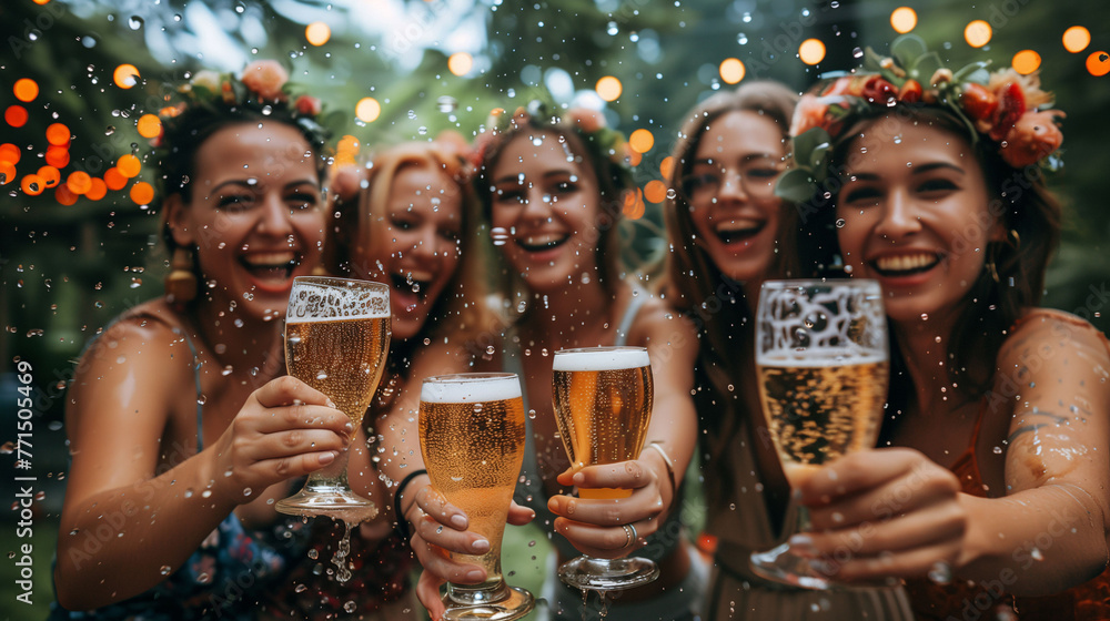 Wall mural group of joyful women celebrating with beer glasses outdoors, bokeh and raindrops visible.