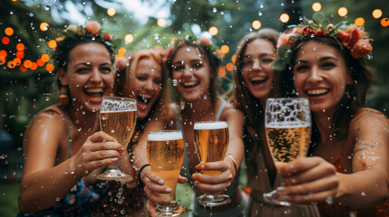 Group of joyful women celebrating with beer glasses outdoors, bokeh and raindrops visible. - 771505469