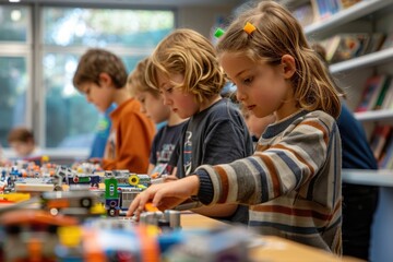 A group of children are playing with Legos - obrazy, fototapety, plakaty