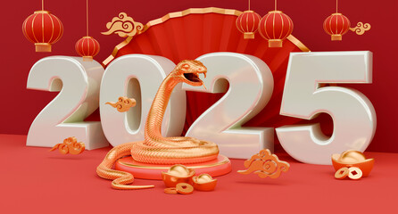 Snake is a symbol of the 2025 Chinese New Year. 3d render illustration of Golden Snake on a podium, gold ingots Yuan Bao, chinese lanterns, fan and coins. Zodiac Sign Snake, concept for lunar calendar - 771505661