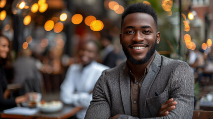 Obraz premium Confident young businessman smiling at a busy café with people in the background.