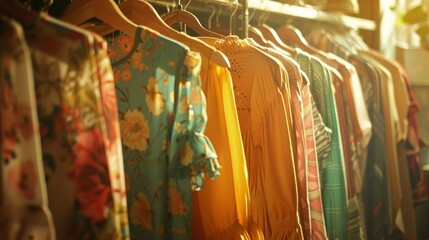 Clothes hang on a shelf in a designer clothes store, sunlight - obrazy, fototapety, plakaty