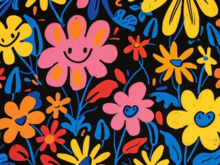 Fototapeta premium Colorful flowers and hearts contrast against a black background in this lively composition, adding a burst of color and joy