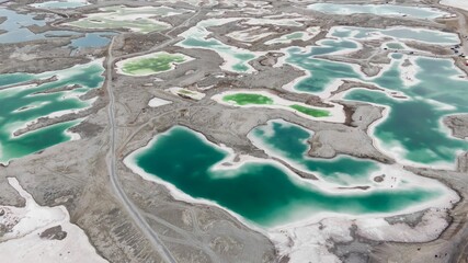Aerial view of the vast expanse of salt lakes near Mangya Emerald Lake, Qinghai Province, China