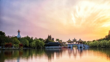 aerial of Sunset at Wuting Bridge, Slender West Lake, Yangzhou City, Jiangsu Province, China