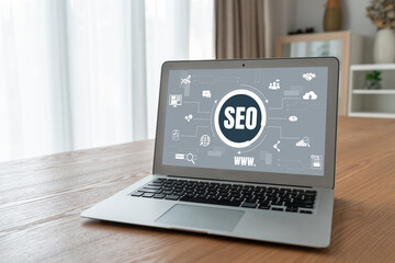 SEO search engine optimization for modish e-commerce and online retail business showing on computer...