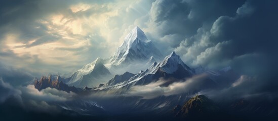 A breathtaking natural landscape painting capturing a snowcovered mountain surrounded by fluffy cumulus clouds in the sky, creating a serene atmosphere