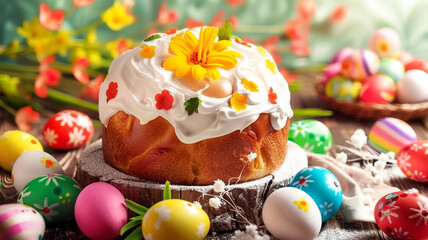Fototapeta na wymiar Easter composition. Traditional Ukrainian Easter cake Paska with sugar glaze, colored sugar candies, and powdered sugar. Paska Easter Bread, Brioche or Panettone Bread, and spring flowers