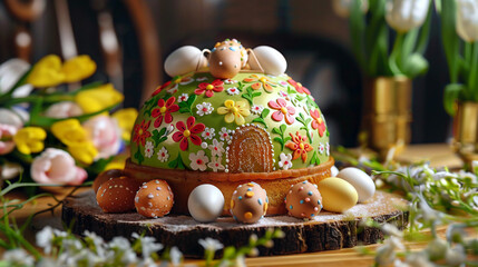 Easter composition. Traditional Ukrainian Easter cake Paska with color sugar glaze, colored candies, and spring flowers - Powered by Adobe
