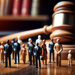 Close-up of a gavel on a wooden surface with miniature figures depicting the justice system. - obrazy, fototapety, plakaty