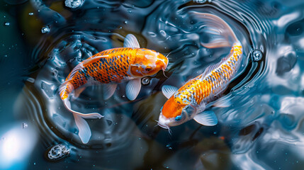Close up of two colorful orange koi fish swimming together in the crystal clear pond