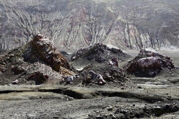 Volcanic rocky landscape on White Island, New Zealand. © Wirestock