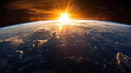 Peel and stick wallpaper Reflection Earth as seen from space, Sunrise view of the planet Earth from space over the horizon, sun reflected on an ocean