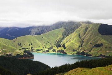 Breathtaking view of the green mountains and tranquil lake. Marlborough Sounds, New Zealand.