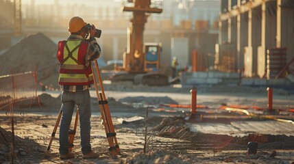 A construction surveyor uses a theodolite to take measurements at a construction site.
