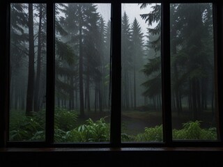 Heavy raining in the forest a little dark outside view from the inside of the open window of wooden house 