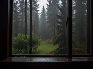 Heavy raining in the forest a little dark outside view from the inside of the open window of wooden house 