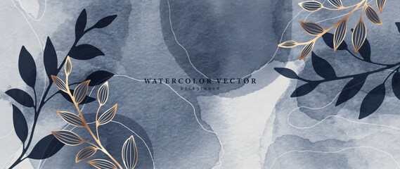 Watercolor botanical background in blue tones with branches and leaves. Watercolor design for covers, posters, banners.