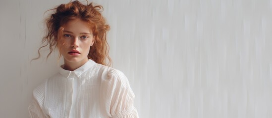 A woman with fiery red hair is standing in front of a white wall, wearing a crisp white shirt. Her face exudes a happy smile, her sleeve grazes her jaw in a subtle gesture of artful elegance - obrazy, fototapety, plakaty