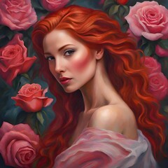 A Portrait of a Woman with Flame-Colored Hair Amidst Red Roses