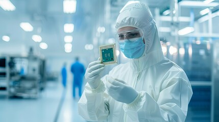 A design engineer in a cleanroom manufacturing facility examines a microchip wearing gloves and a sterile coverall. - obrazy, fototapety, plakaty