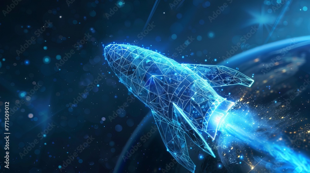 Poster a digital rocket orbits earth in space. abstract blue background and 3d-effect wireframe illustratio