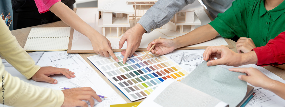 Poster skilled architect team discuss about house construction while interior designer point an appropriate