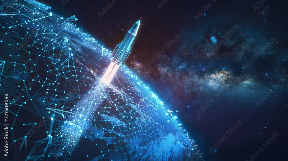 Poster a digital rocket orbits earth in space. abstract blue background and 3d-effect wireframe illustratio