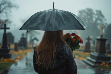 A woman standing outdoors in the rain, holding an umbrella to shield herself from the downpour at a cemetery