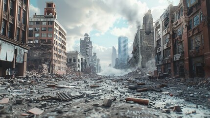 A desolate scene of a business district in ruins, sparking a narrative of rebirth