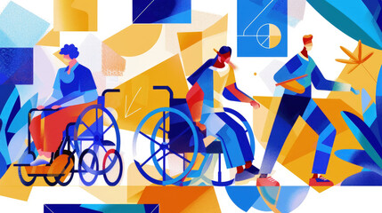 Three stylized people with mobility aids in a vibrant, abstract setting, highlighted by bold geometric shapes - obrazy, fototapety, plakaty