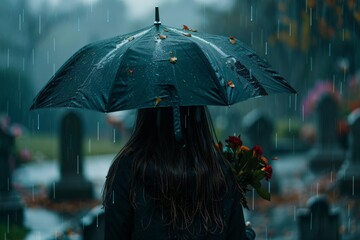A woman standing in the rain, holding an open umbrella to shield herself from the downpour at a cemetery