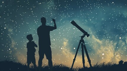 A father and son use a telescope to gaze at the starry sky during a family camping trip. They enjoy the outdoor hobby of astronomy, exploring the wonders of the universe together. - obrazy, fototapety, plakaty