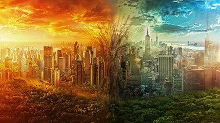 A surreal, digitally manipulated scene splits a cityscape into night and day, contrasting a fiery sunset and a calm dawn