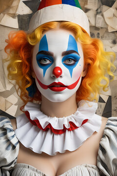 Woman clown with painted face and makeup. A woman working in a circus.