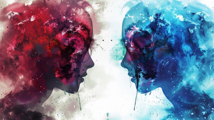 Two human silhouettes face each other, one in blue and the other in red, depicted in a watercolor style blending art and emotion - obrazy, fototapety, plakaty