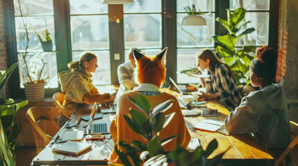 A team with fox collaborates around a wooden table, discussing projects in a bright, plant-filled workspace, highlighting the synergy of a modern creative environment