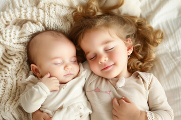 Cute little toddler and little sister sleeping together on bed at home, top view