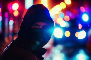 Hooded man in a hood in front of police lights.

