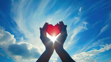 Hands cradling a vibrant red heart symbol as rays of sunlight burst through, set against a vivid blue sky with wispy clouds, conveying love and hope - obrazy, fototapety, plakaty