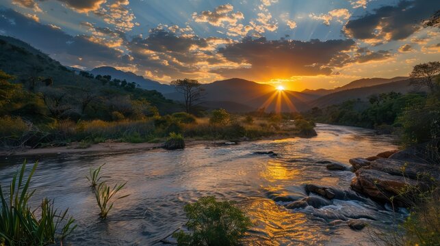 This image captures a tranquil river flowing through a mountainous landscape with the sun setting majestically behind the peaks, casting a warm glow on the skyline