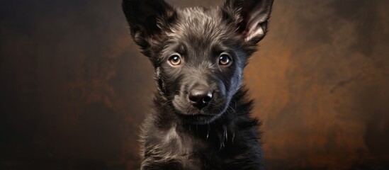 a black german shepherd puppy is looking at the camera . High quality - obrazy, fototapety, plakaty