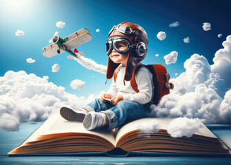 A boy in a pilot costume are sitting on a book flying in the sky through the clouds