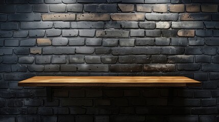 Empty top wooden shelves dark brick wall for product display.