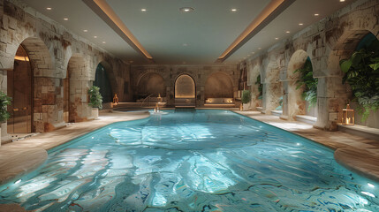Luxurious indoor swimming pool with Roman architecture, tranquil water, and ambient lighting.