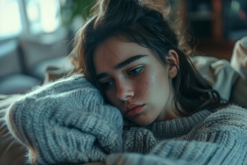 young woman wearing knit sweater looking down, sad and lonely after fight or problems